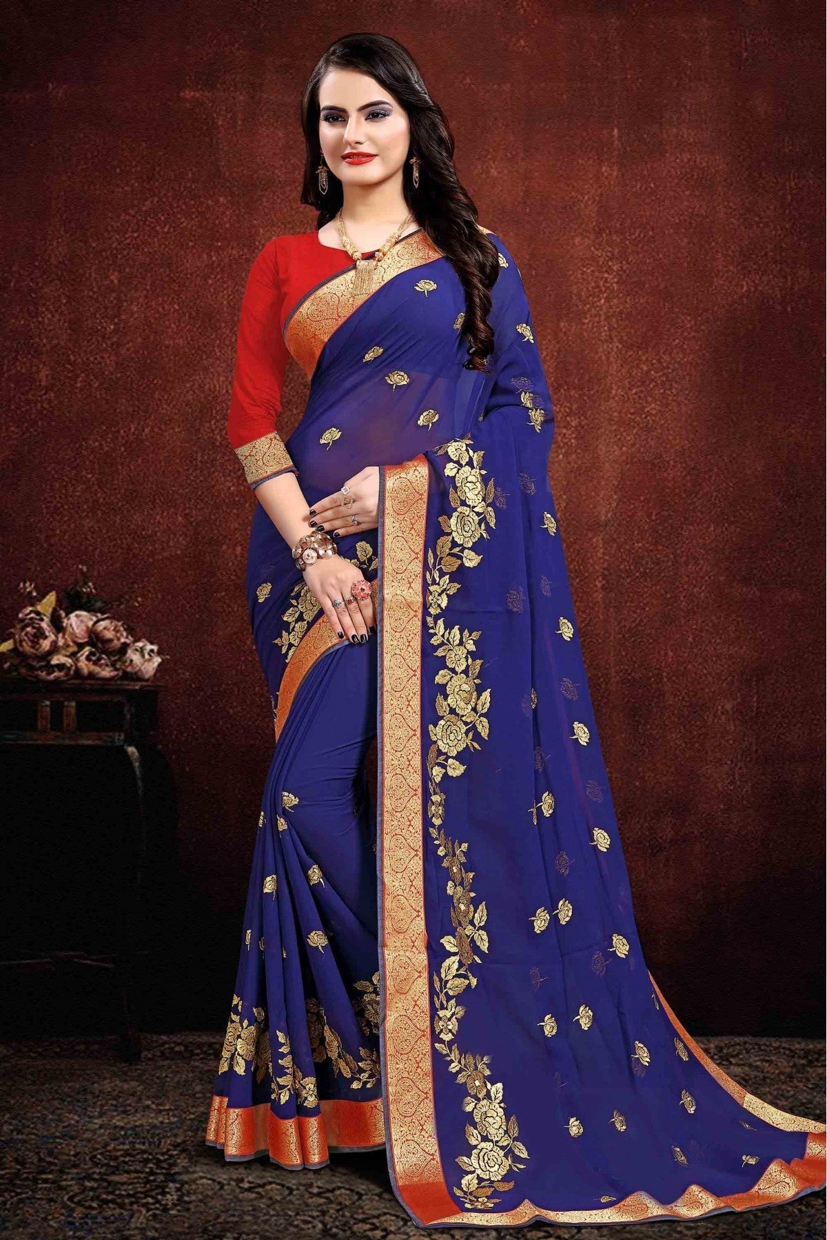 Navy Blue Colour Georgette Designer Saree