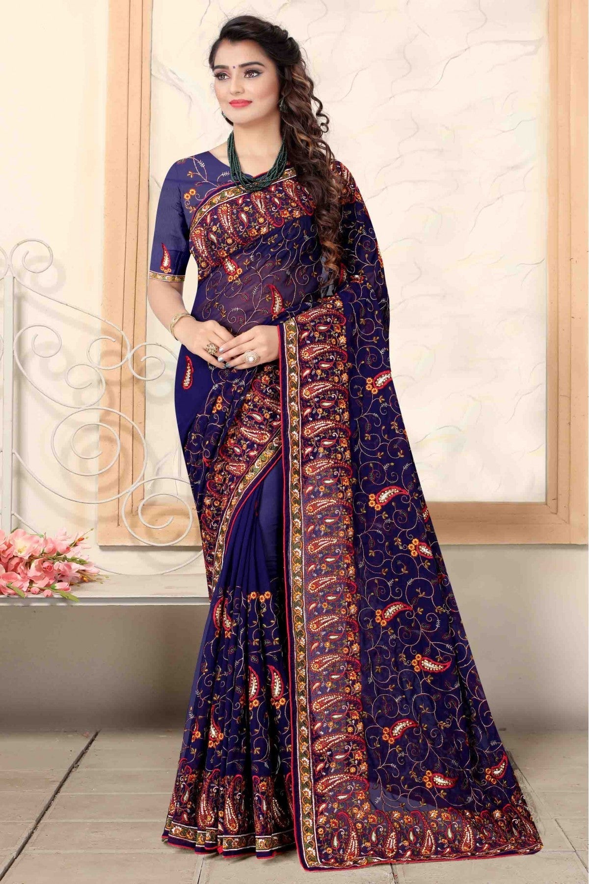 Navy Blue Colour Georgette Designer Saree