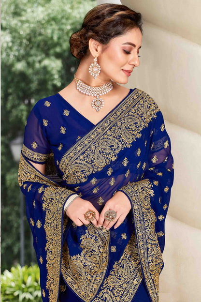 Navy Blue Colour Georgette Designer Saree