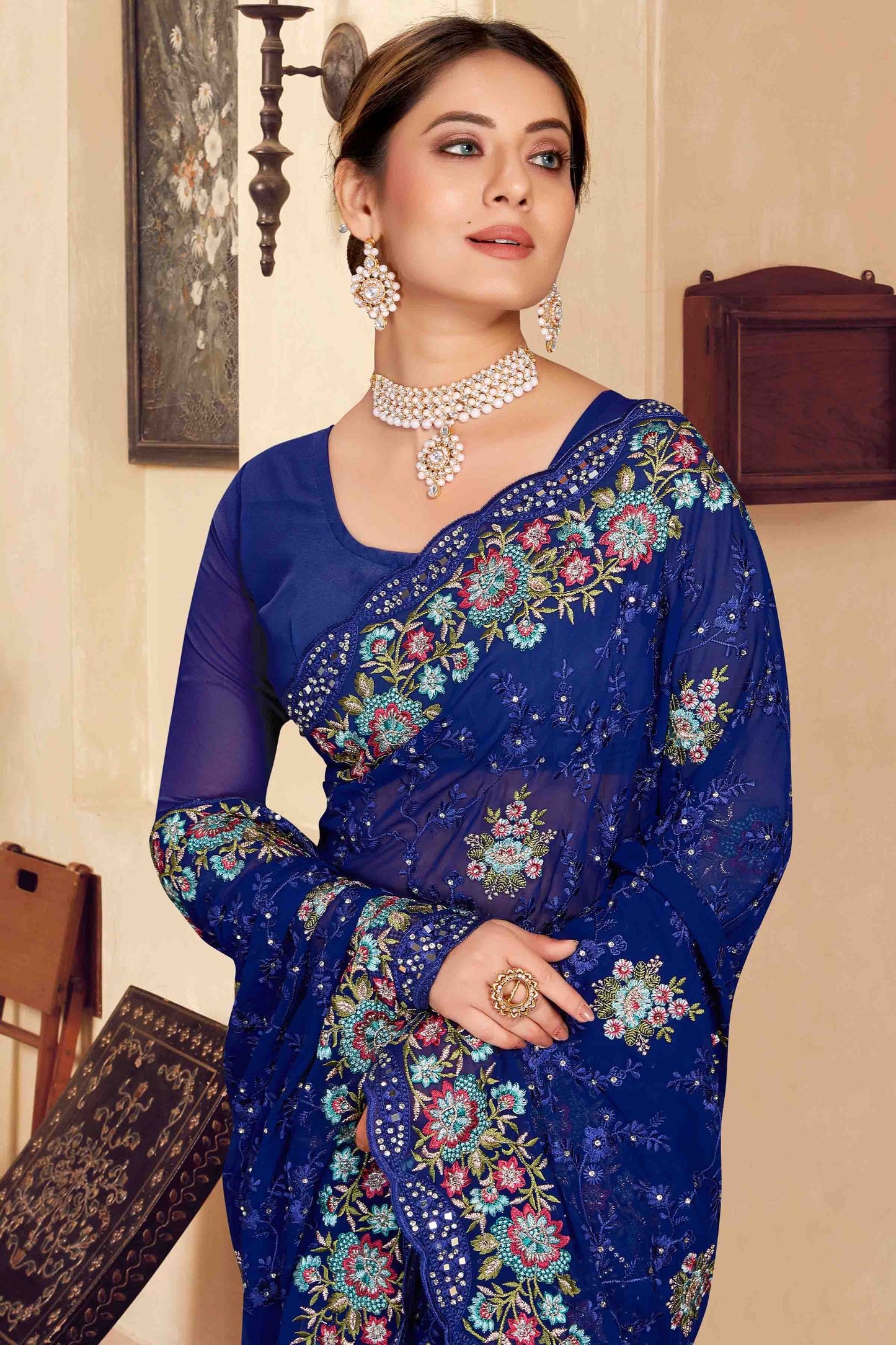 Navy Blue Colour Georgette Designer Saree