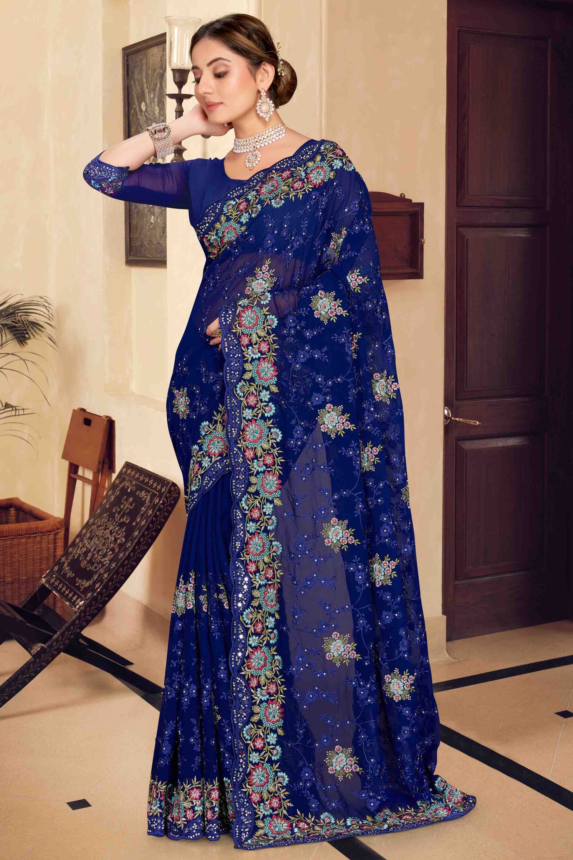 Navy Blue Colour Georgette Designer Saree