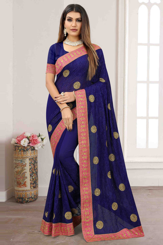 Navy Blue Colour Georgette Designer Saree