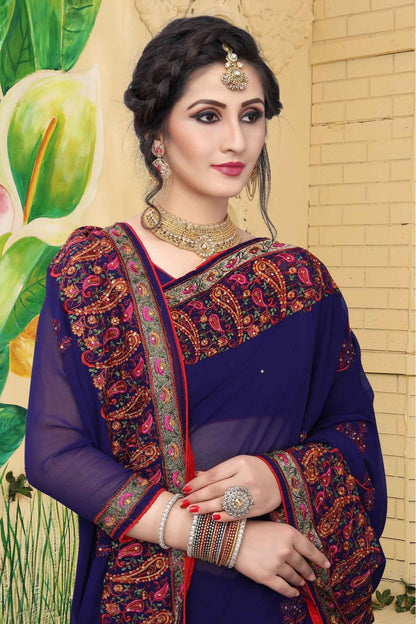 Navy Blue Colour Georgette Embroidered Saree