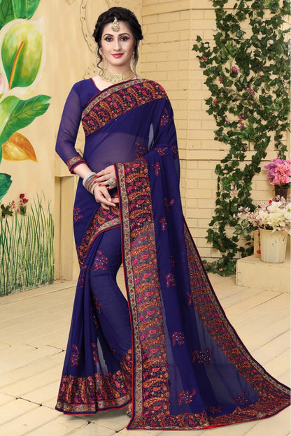 Navy Blue Colour Georgette Embroidered Saree