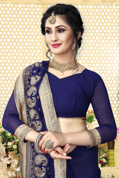 Navy Blue Colour Georgette Embroidered Saree