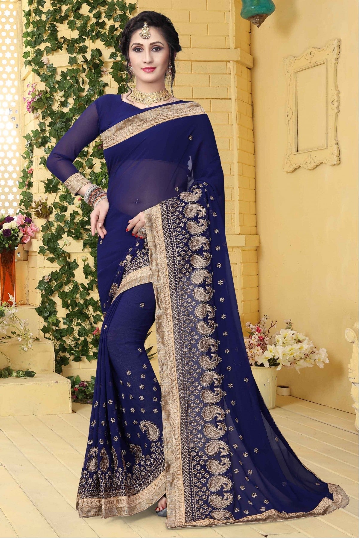 Navy Blue Colour Georgette Embroidered Saree