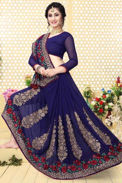 Navy Blue Colour Georgette Embroidered Saree