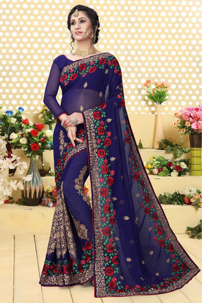 Navy Blue Colour Georgette Embroidered Saree