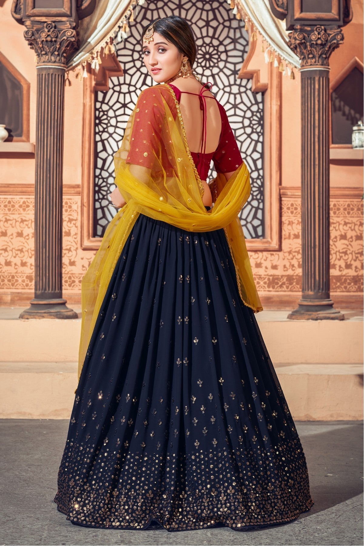 Navy Blue Colour Georgette Embroidery Lehenga Choli