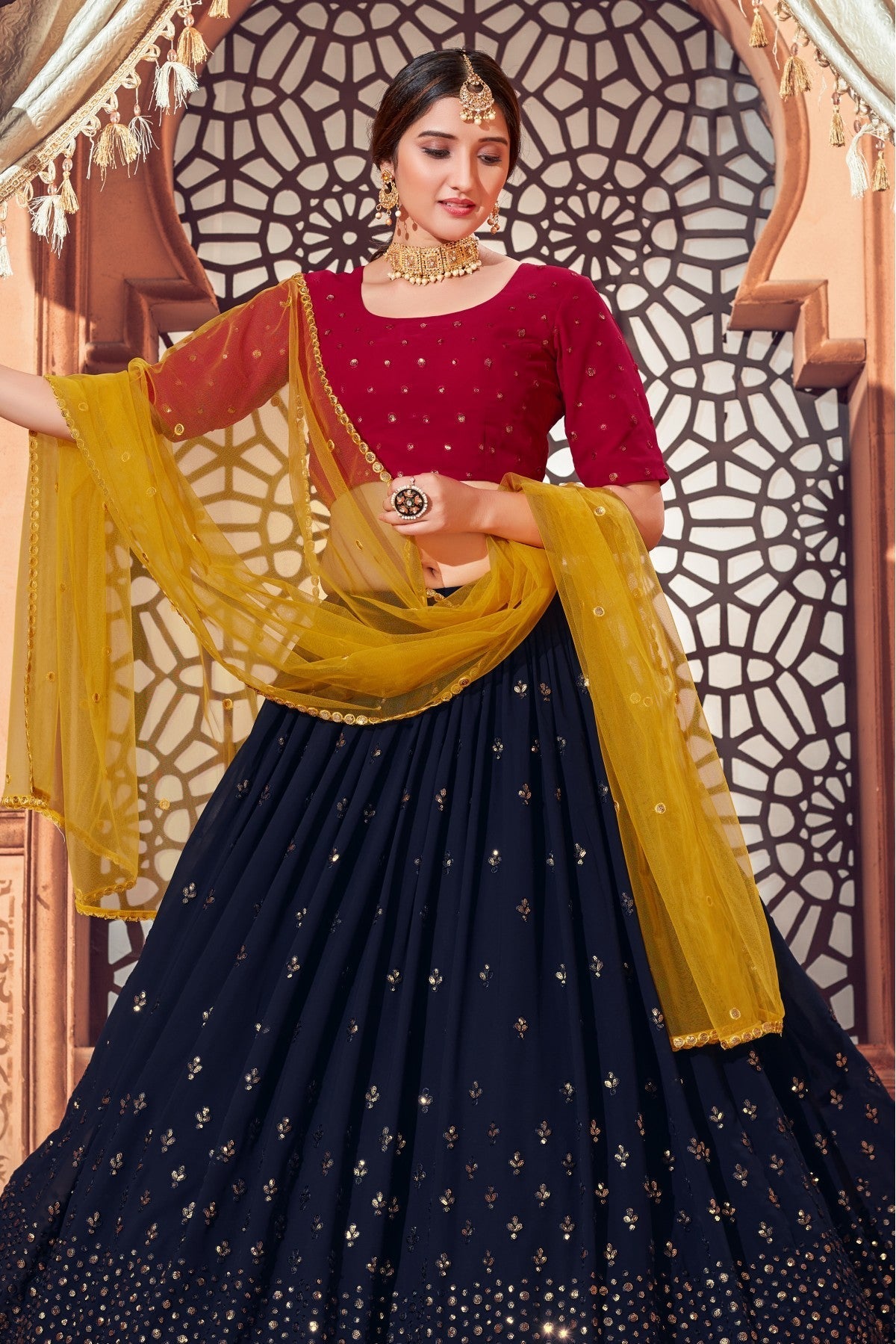 Navy Blue Colour Georgette Embroidery Lehenga Choli