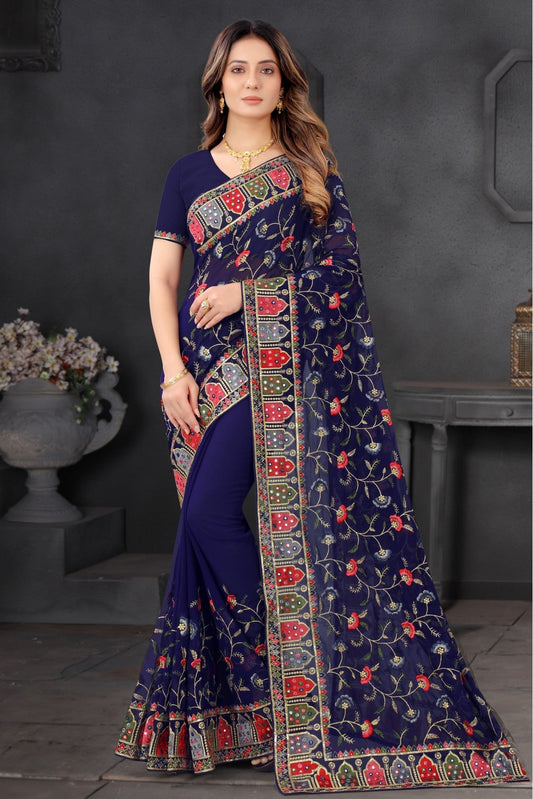 Navy Blue Colour Georgette Embroidery Saree