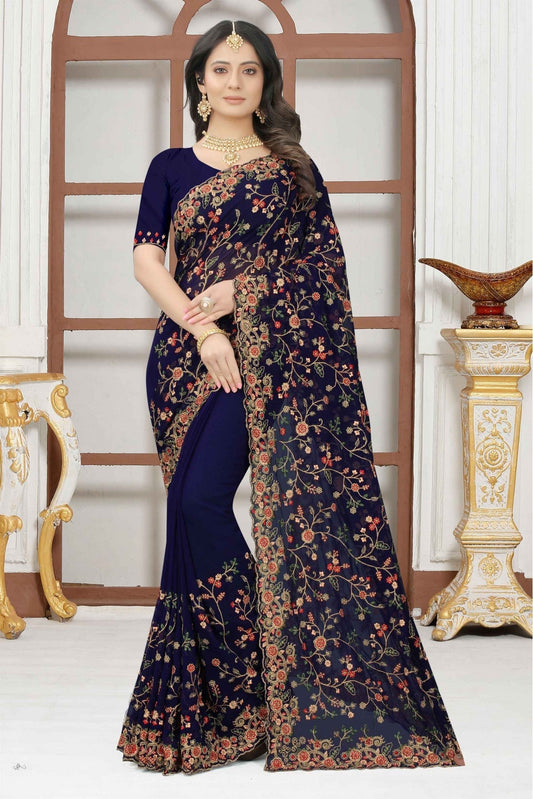 Navy Blue Colour Georgette Embroidery Saree