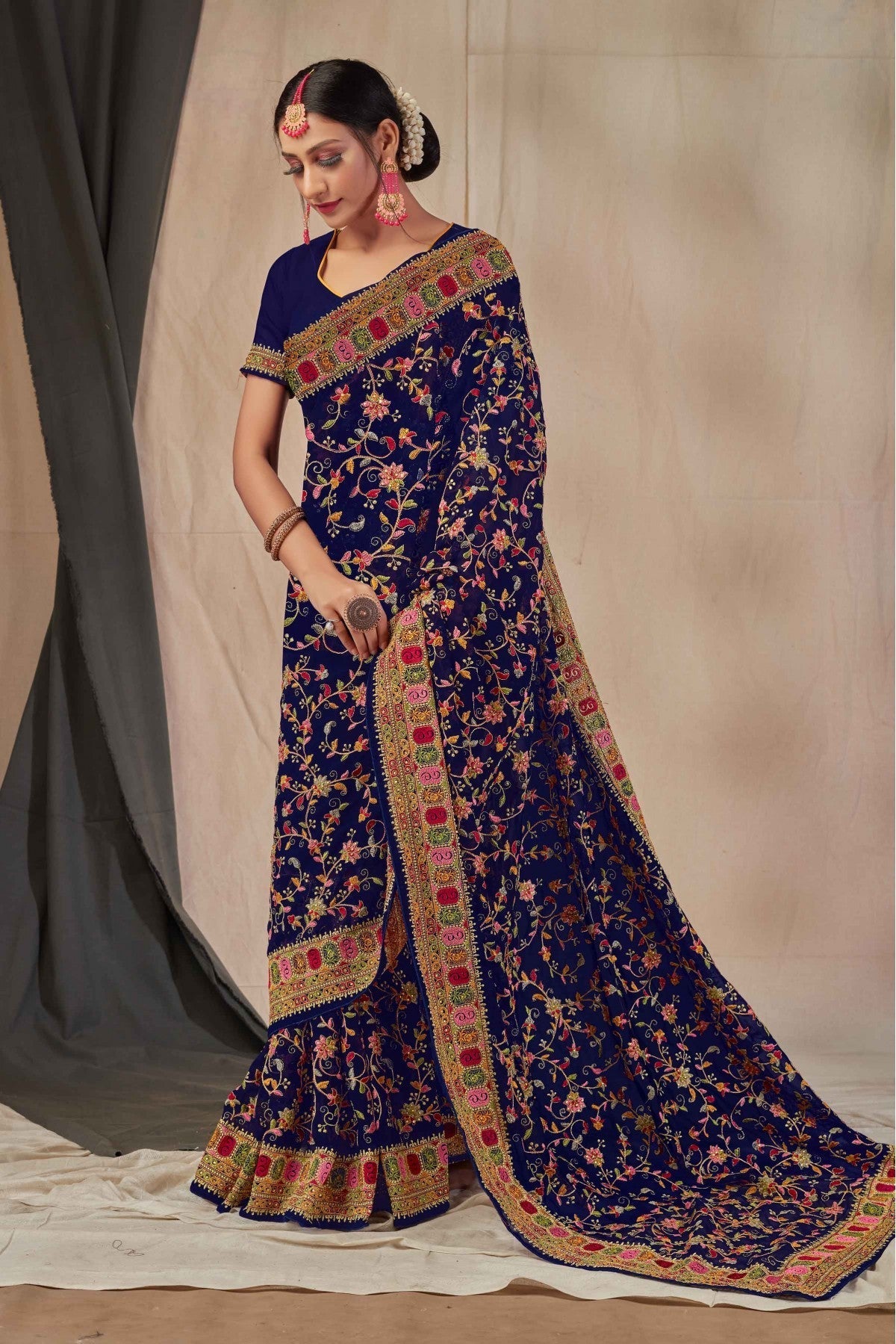 Navy Blue Colour Georgette Embroidery Saree