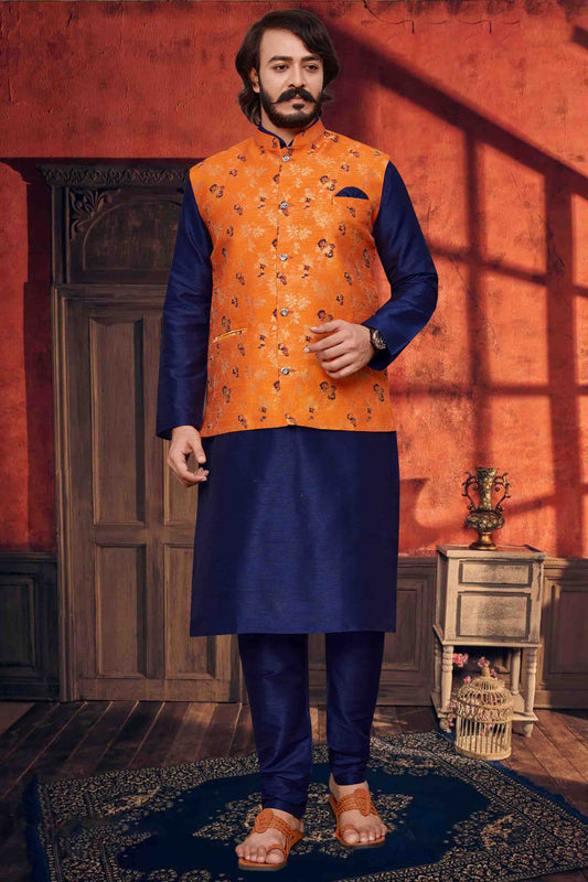 Navy Blue Colour Kurta Pajama With Jacket In Art Silk