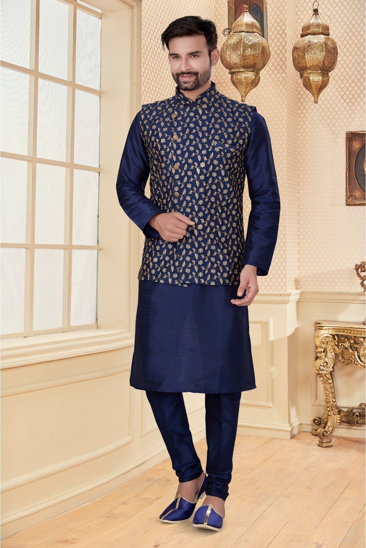 Navy Blue Colour Kurta Pajama With Jacket In Silk Dupion Fabric