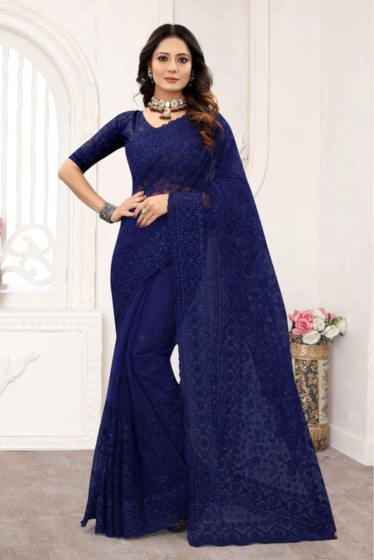 Navy Blue Colour Net Designer Saree