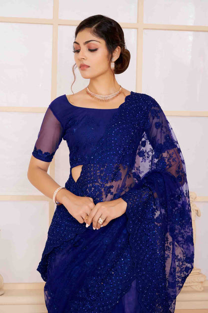 Navy Blue Colour Net Designer Saree