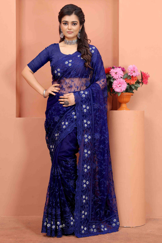 Navy Blue Colour Net Designer Saree