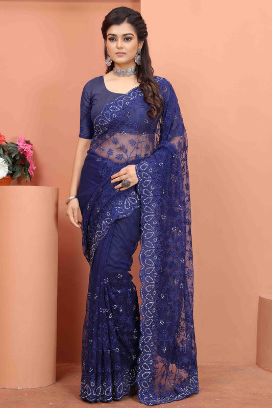 Navy Blue Colour Net Designer Saree