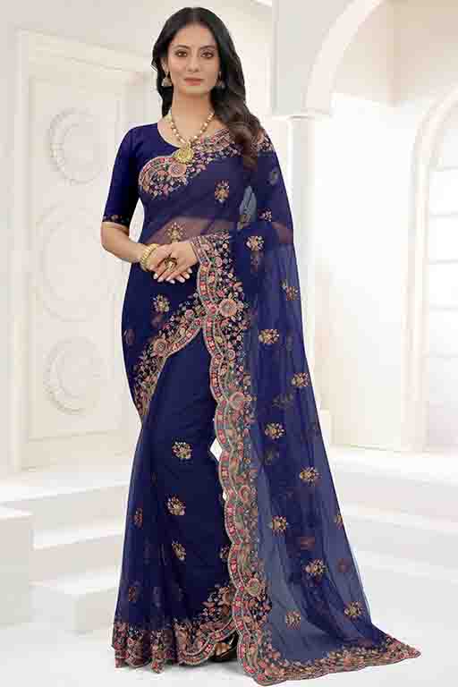 Navy Blue Colour Net Designer Saree