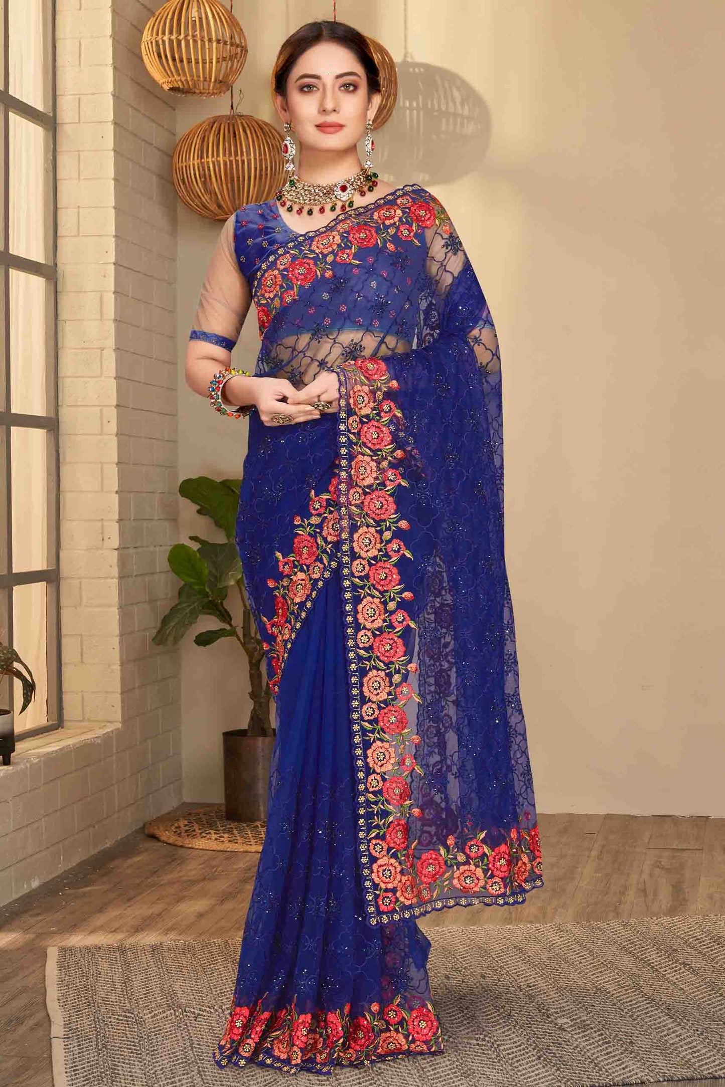 Navy Blue Colour Net Designer Saree