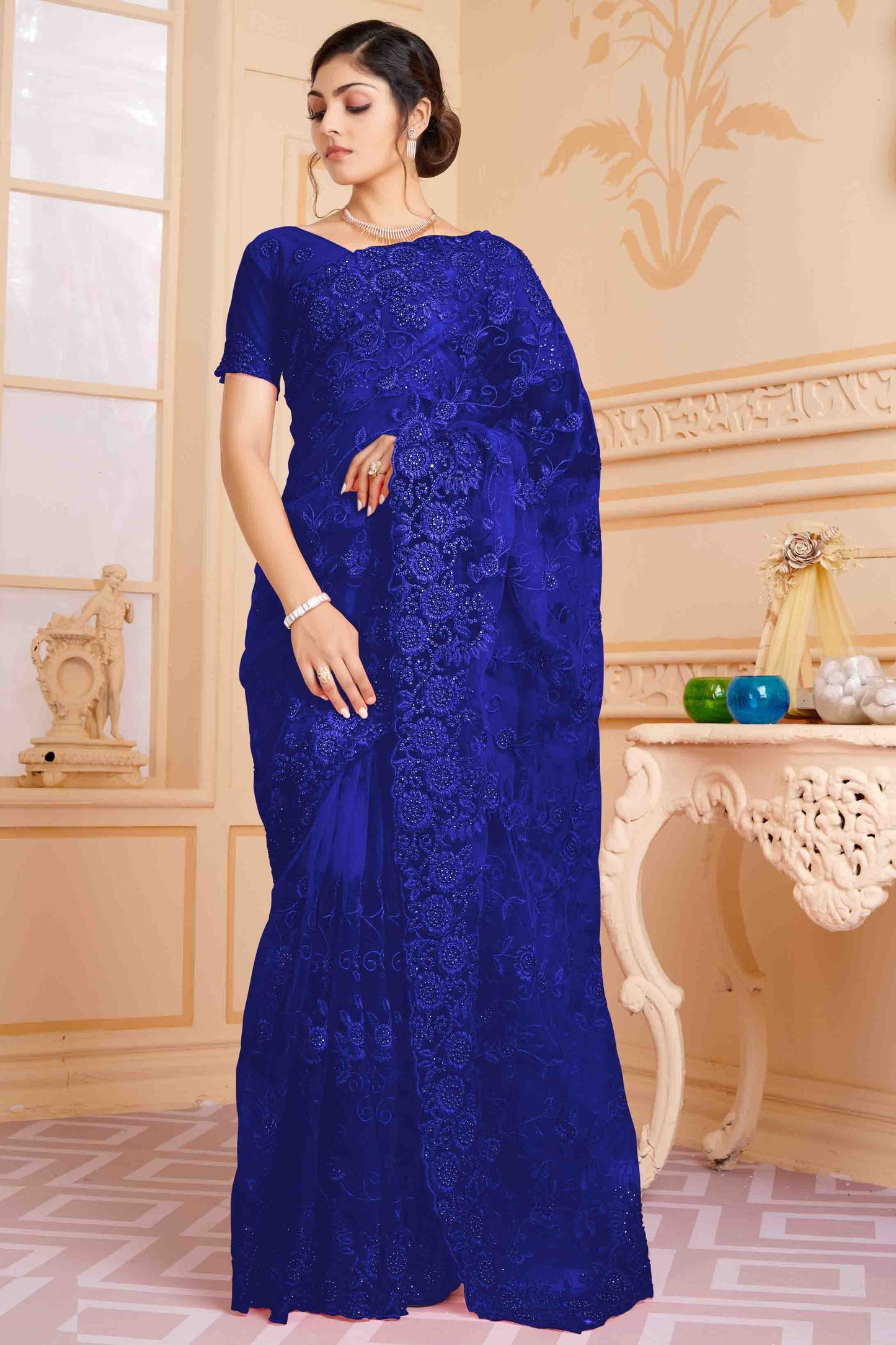 Navy Blue Colour Net Designer Saree