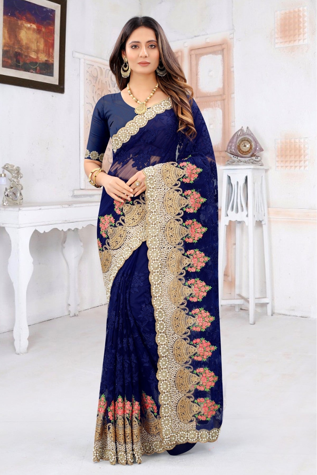 Navy Blue Colour Net Embroidery Saree