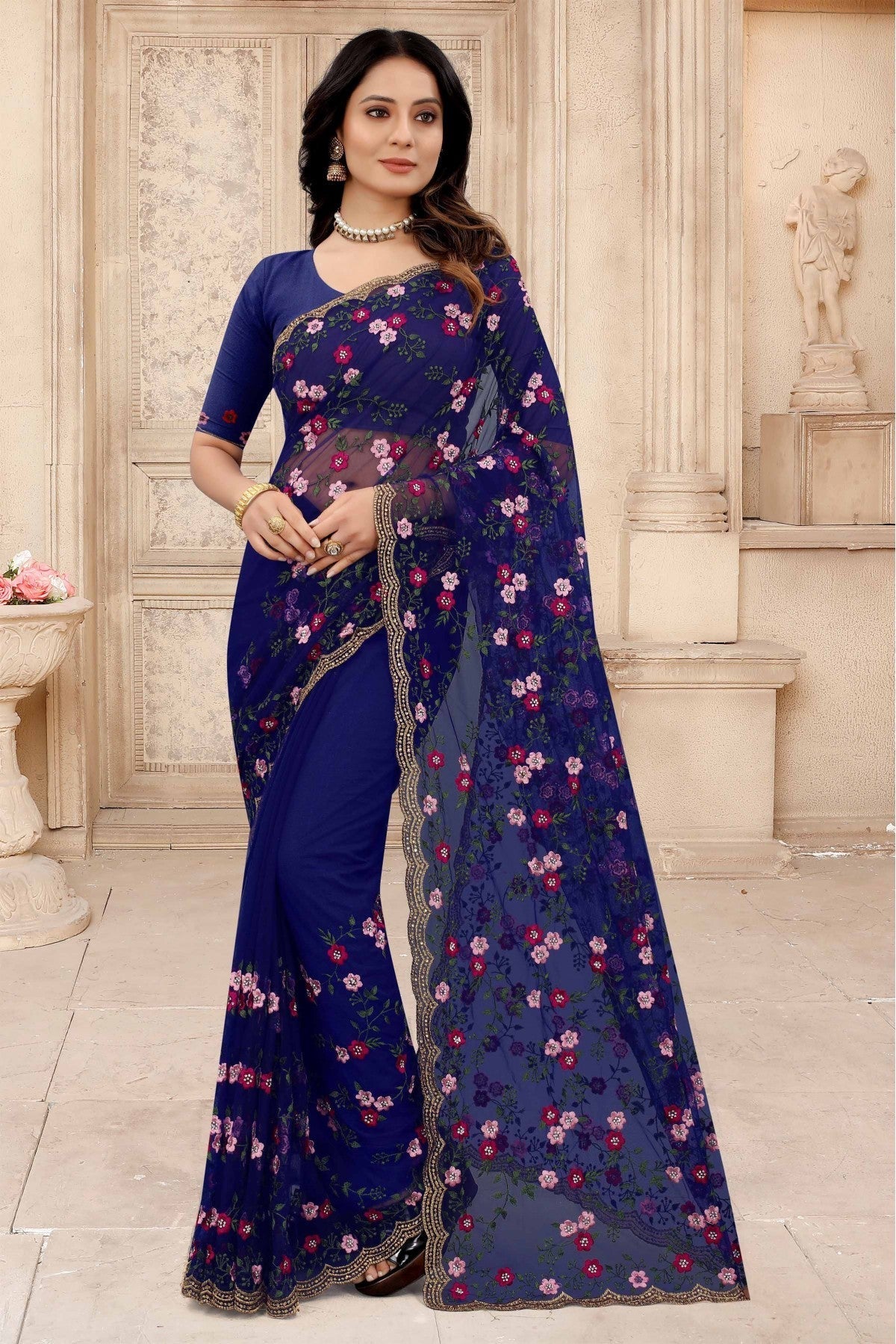 Navy Blue Colour Net Embroidery Saree VSSD1090316