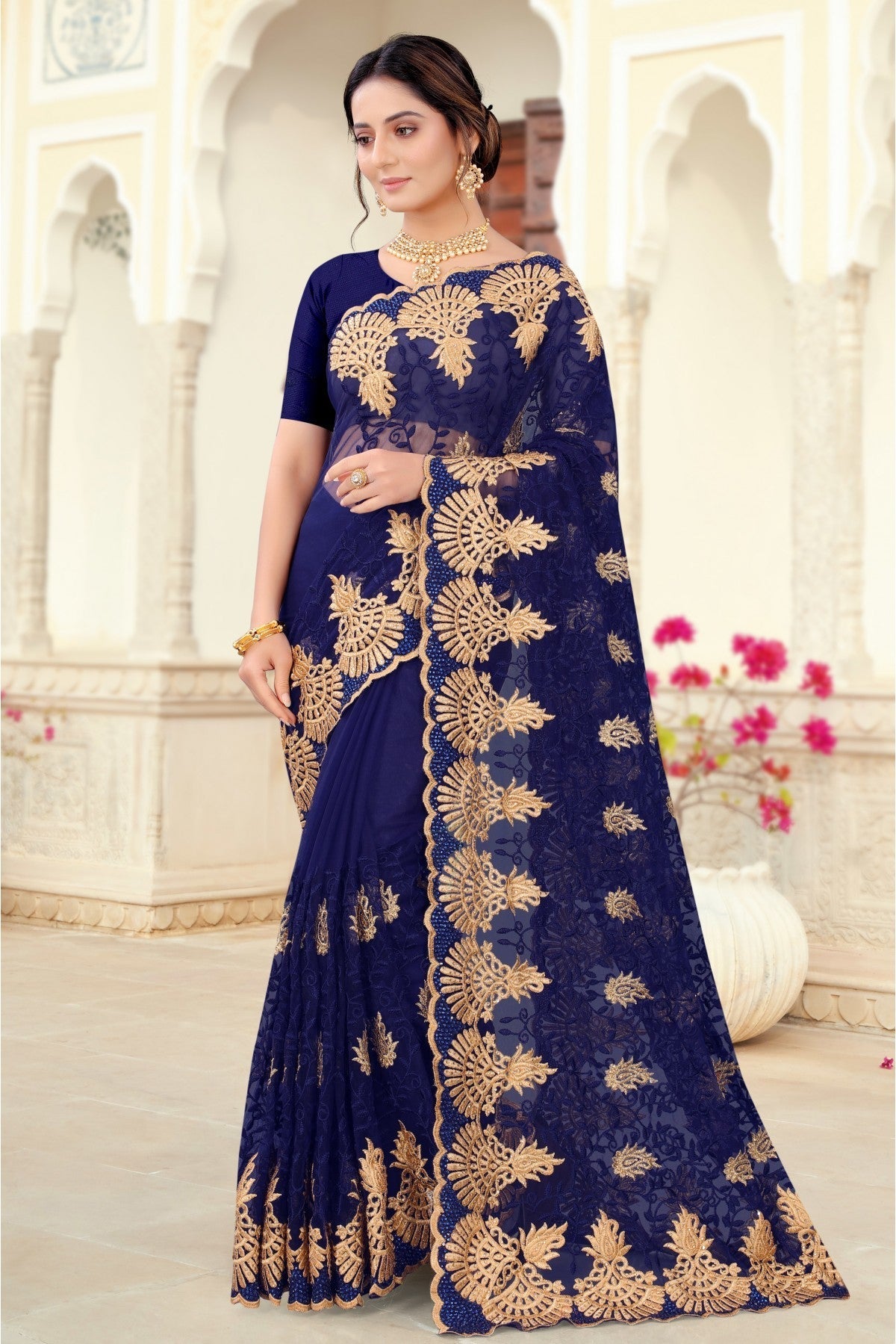 Navy Blue Colour Net Embroidery Saree