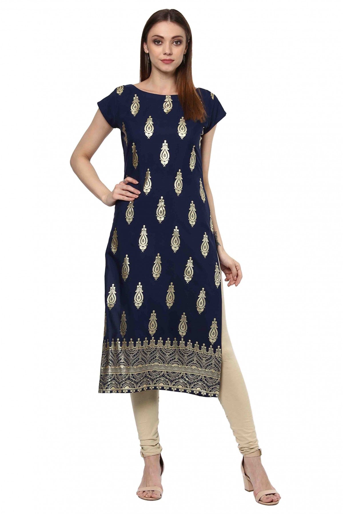 Navy Blue Colour Plus Size Crepe Straight Kurti