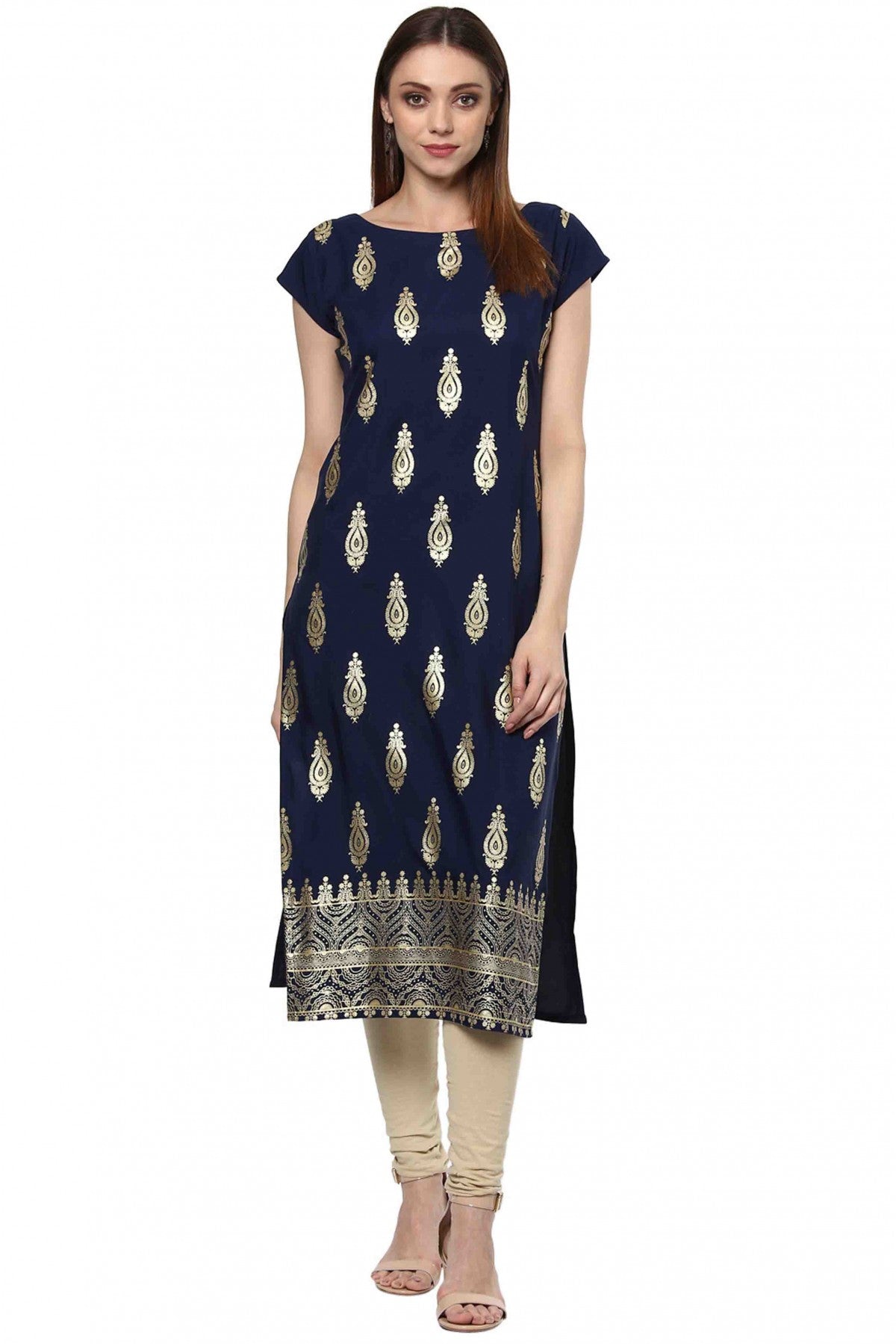 Navy Blue Colour Plus Size Crepe Straight Kurti