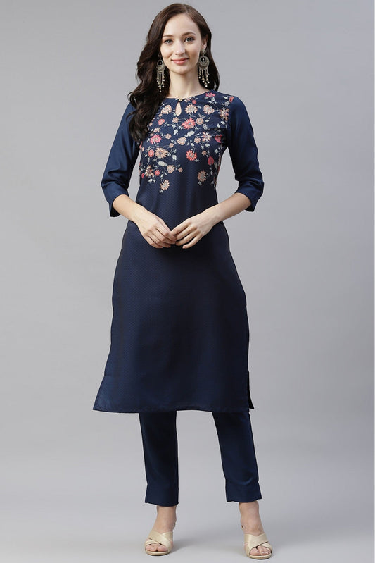 Navy Blue Colour Plus Size Poly Rayon Digital Print Kurti With Pant Set