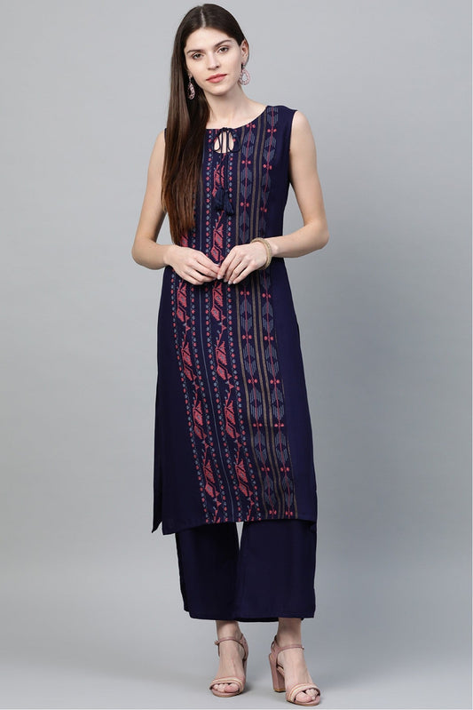 Navy Blue Colour Plus Size Rayon Straight Kurti