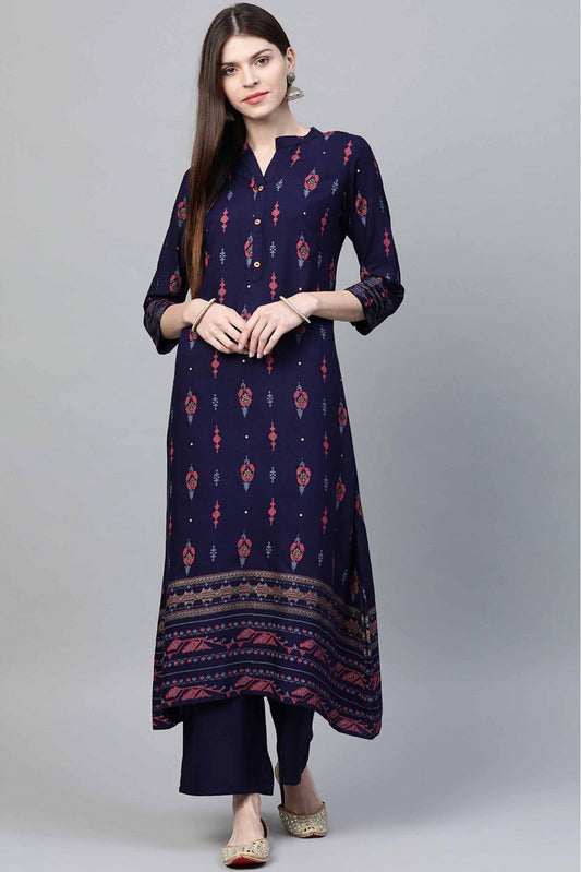 Navy Blue Colour Rayon Foil Print Kurta With Palazzo