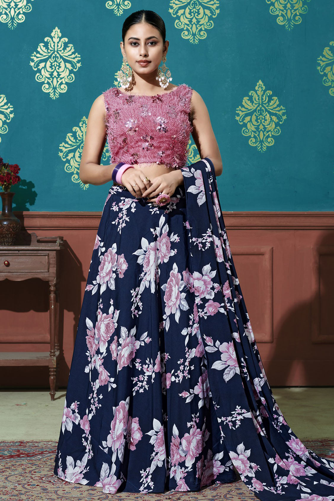 Navy Blue Colour Silk Printed Lehenga Choli