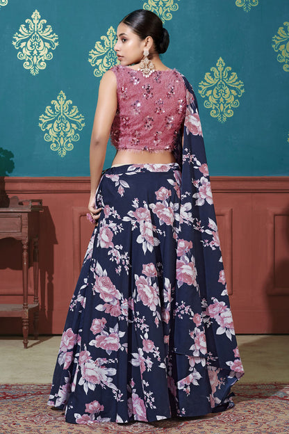 Navy Blue Colour Silk Printed Lehenga Choli