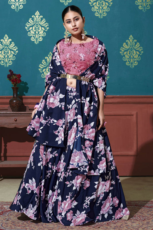 Navy Blue Colour Silk Printed Lehenga Choli