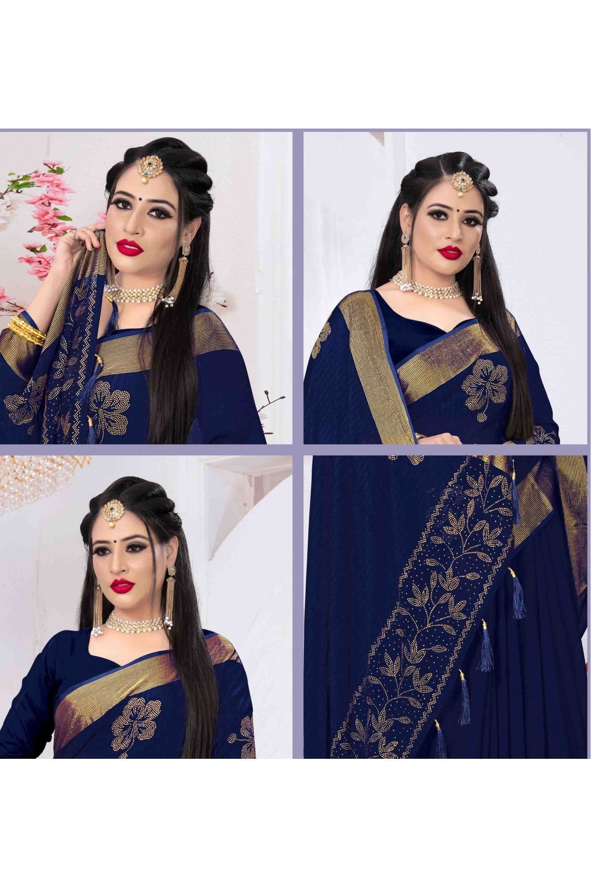 Navy Blue Colour Silk Satin Designer Saree