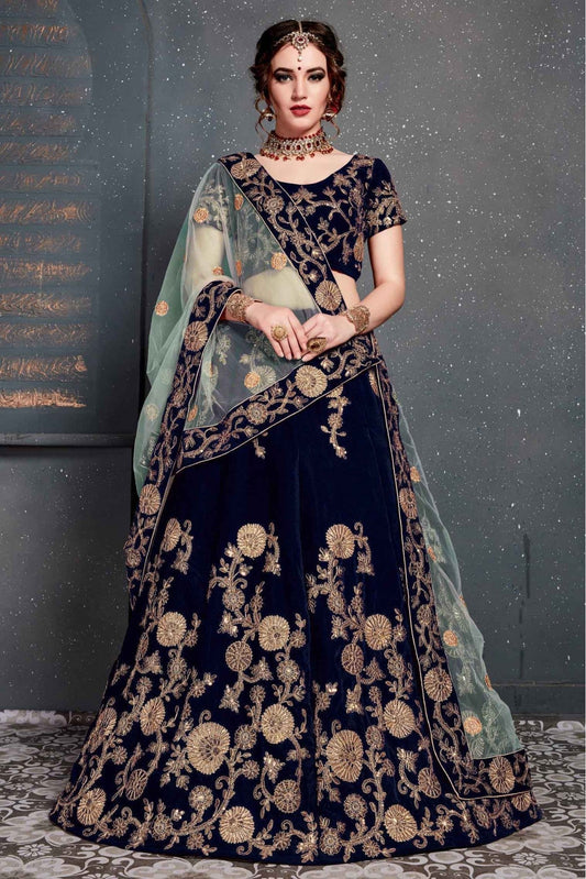 Navy Blue Colour Velvet Lehenga Choli