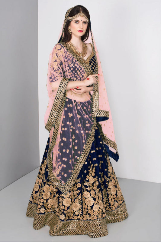 Navy Blue Colour Velvet Lehenga Choli