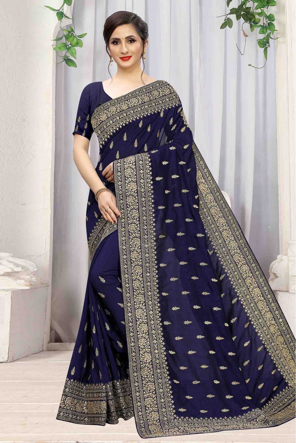 Navy Blue Colour Vichitra Silk Designer Saree