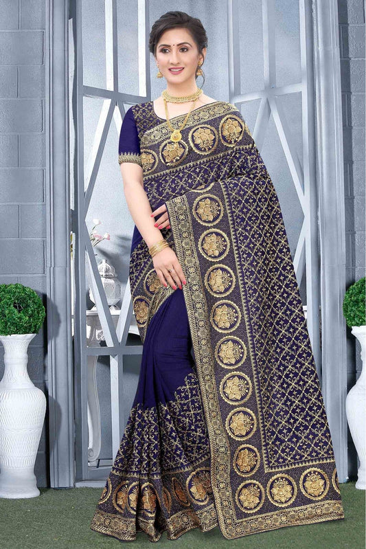 Navy Blue Colour Vichitra Silk Designer Saree