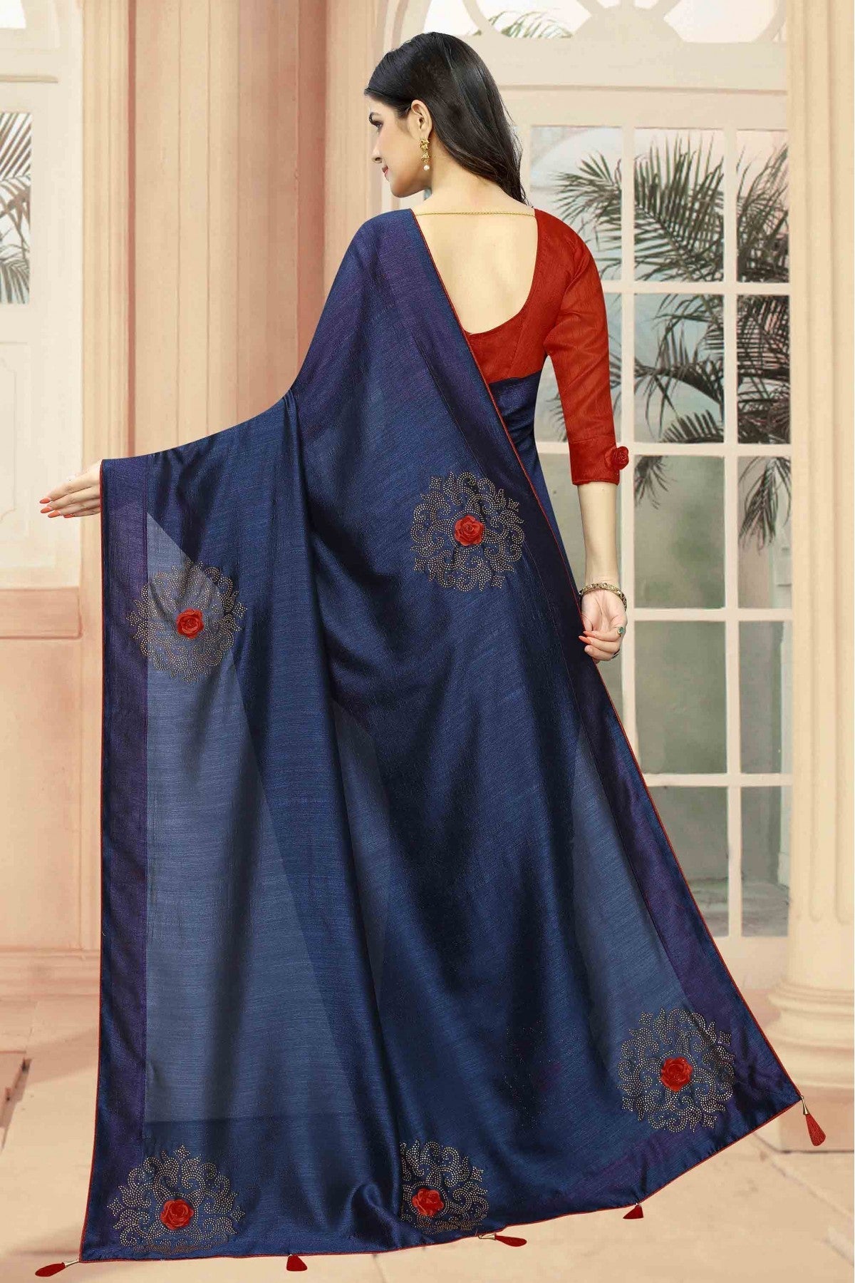 Navy Blue Colour Vichitra Silk Designer Saree