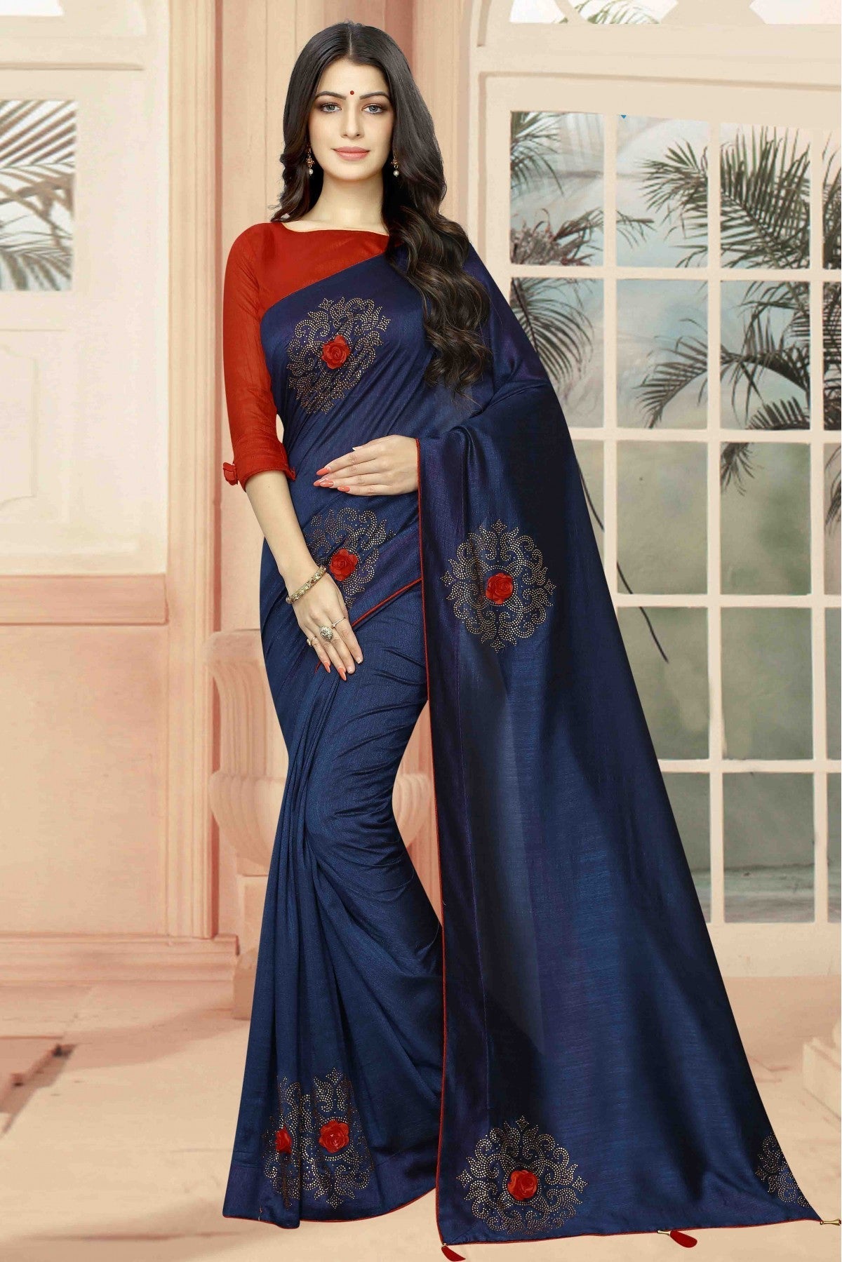 Navy Blue Colour Vichitra Silk Designer Saree