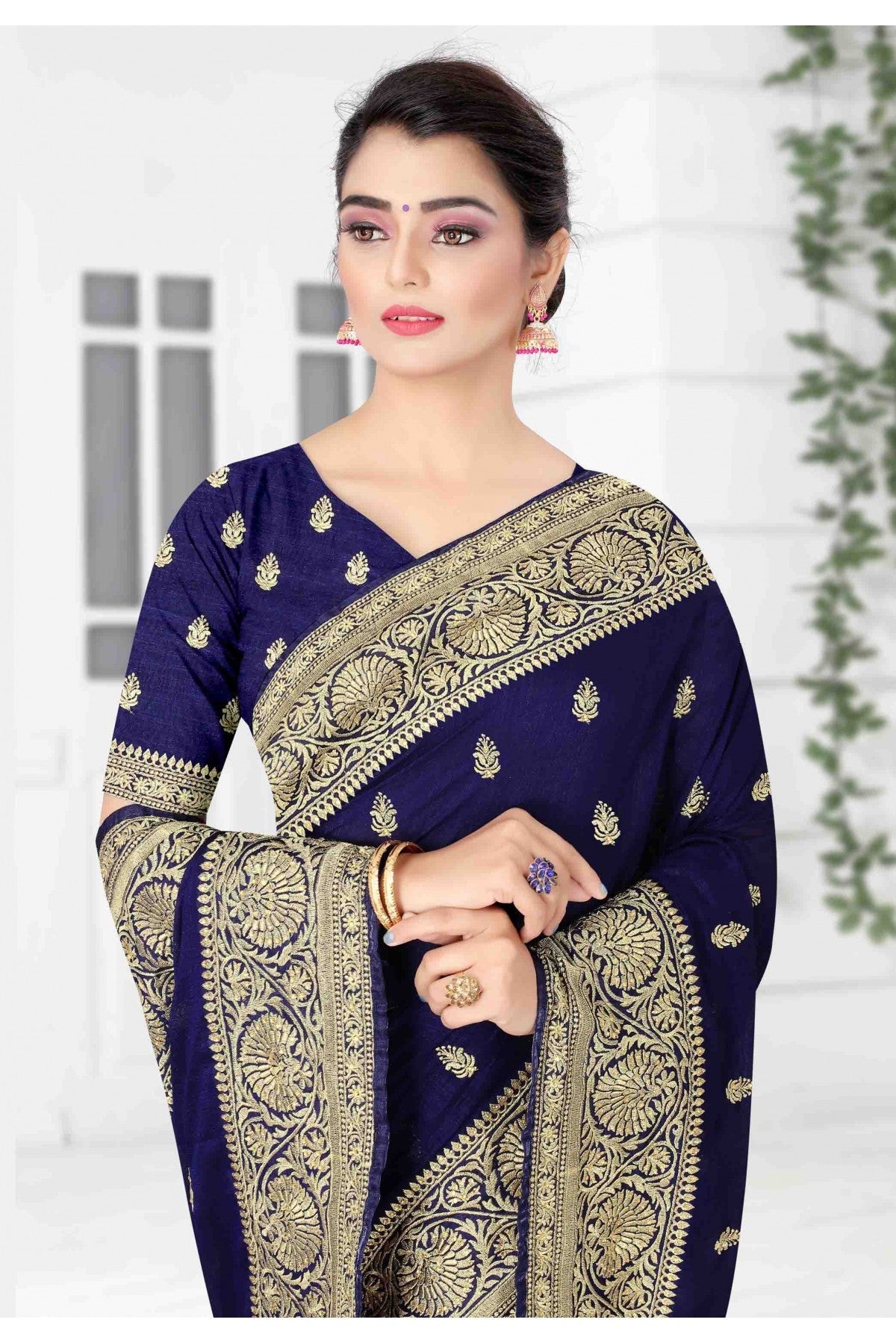 Navy Blue Colour Vichitra Silk Designer Saree