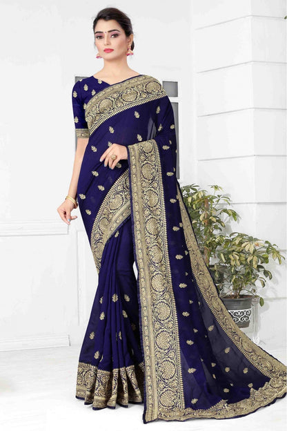 Navy Blue Colour Vichitra Silk Designer Saree