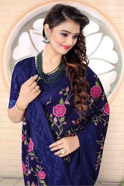 Navy Blue Colour Vichitra Silk Designer Saree