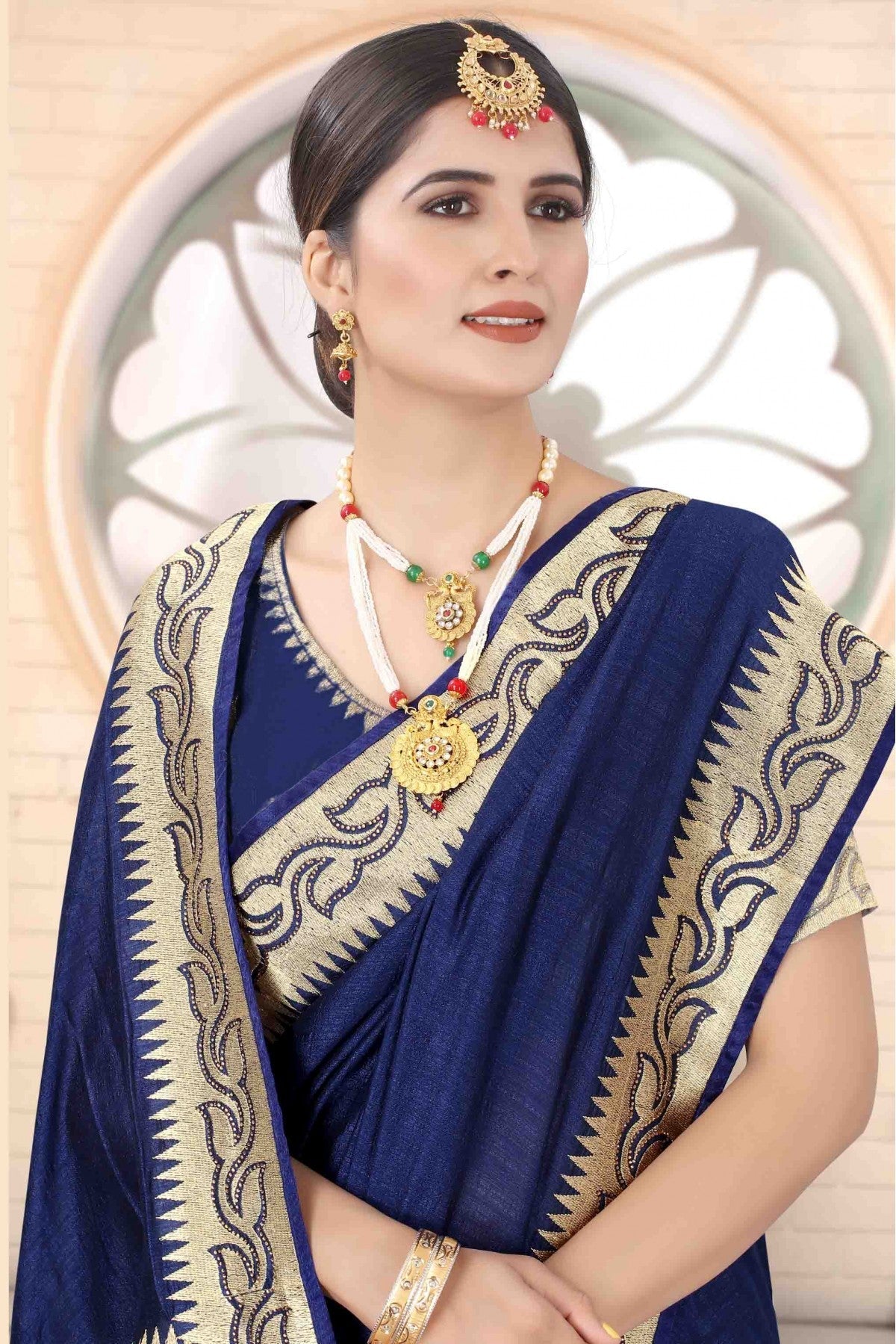 Navy Blue Colour Vichitra Silk Designer Saree