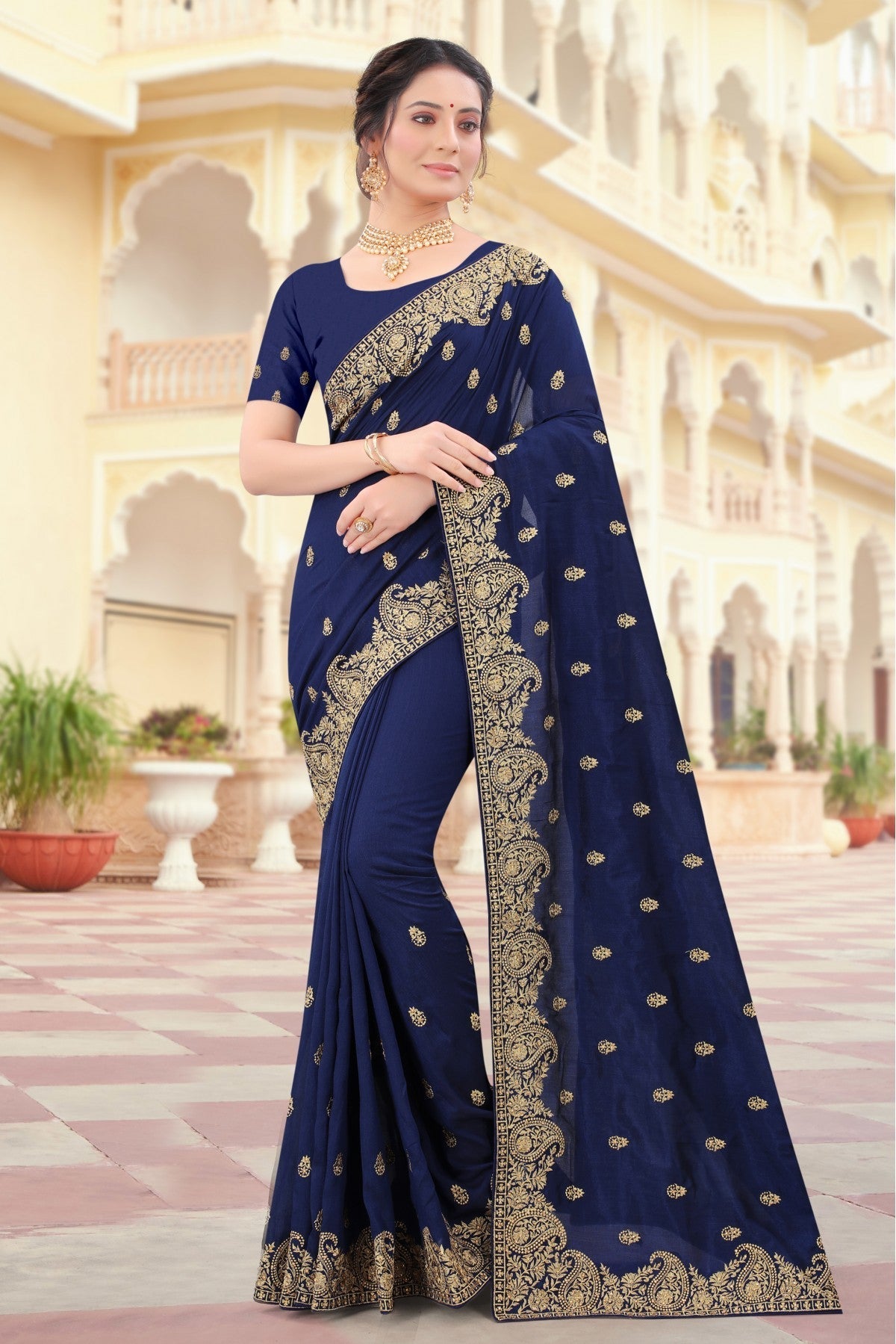 Navy Blue Colour Vichitra Silk Embroidery Saree