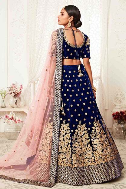 Navy Blue Velvet Designer Lehenga Choli